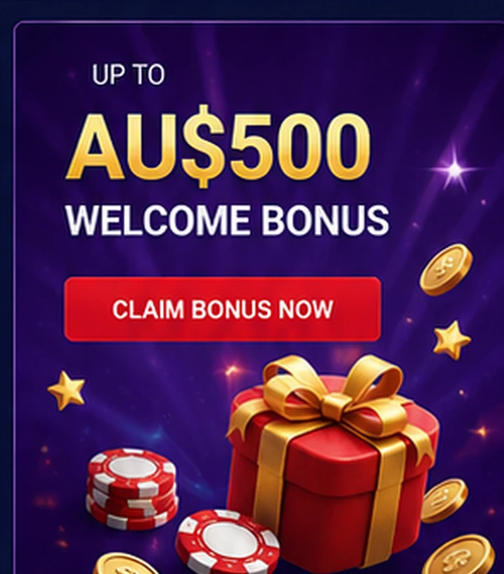 AU$500 welcome bonus graphic with gift box, coins and casino chips